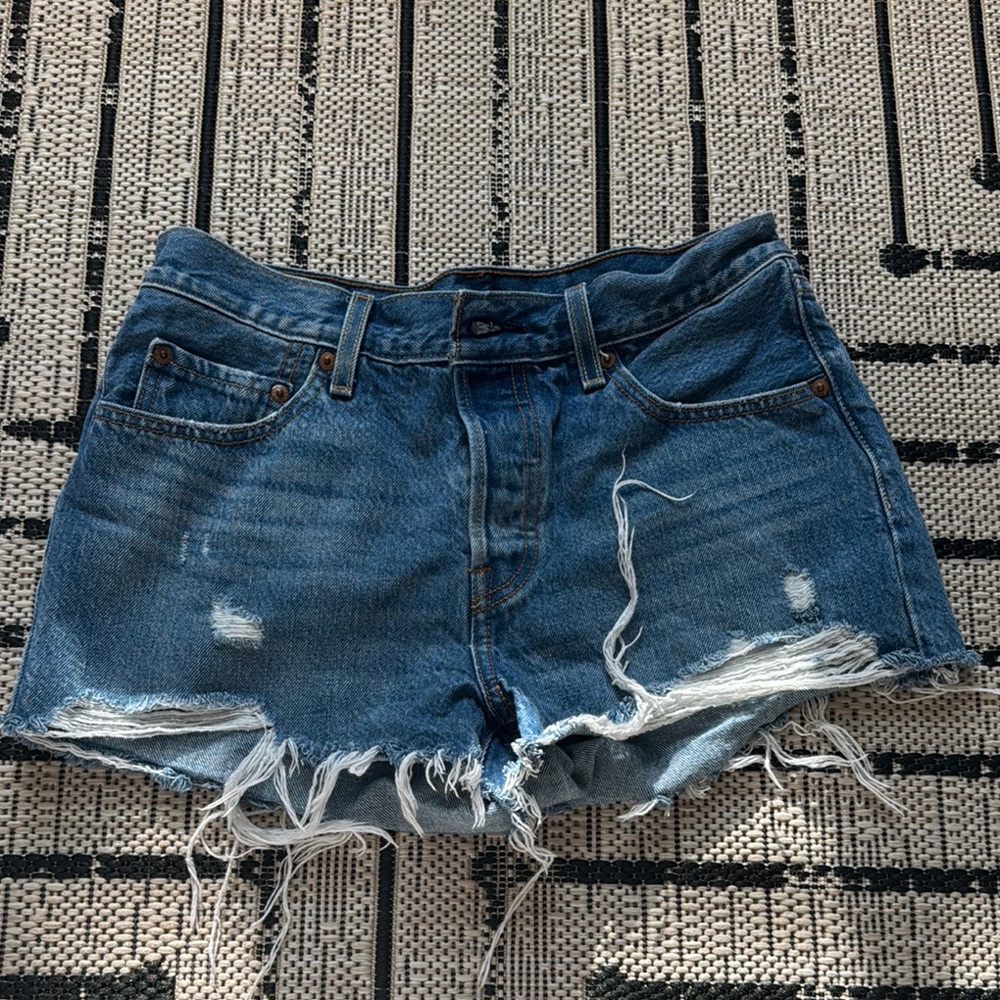 Levi's Blue Distressed Jean Shorts with Raw Hem